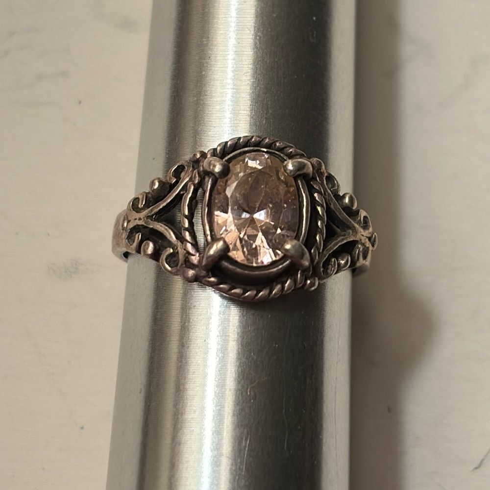 Vintage Sterling Silver and Oval Pink Stone Ornate Ring 6.5